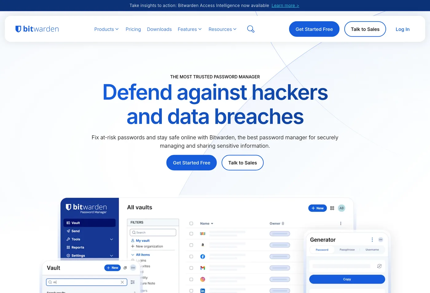 Bitwarden homepage showing a password manager positioned for secure cross-device use.