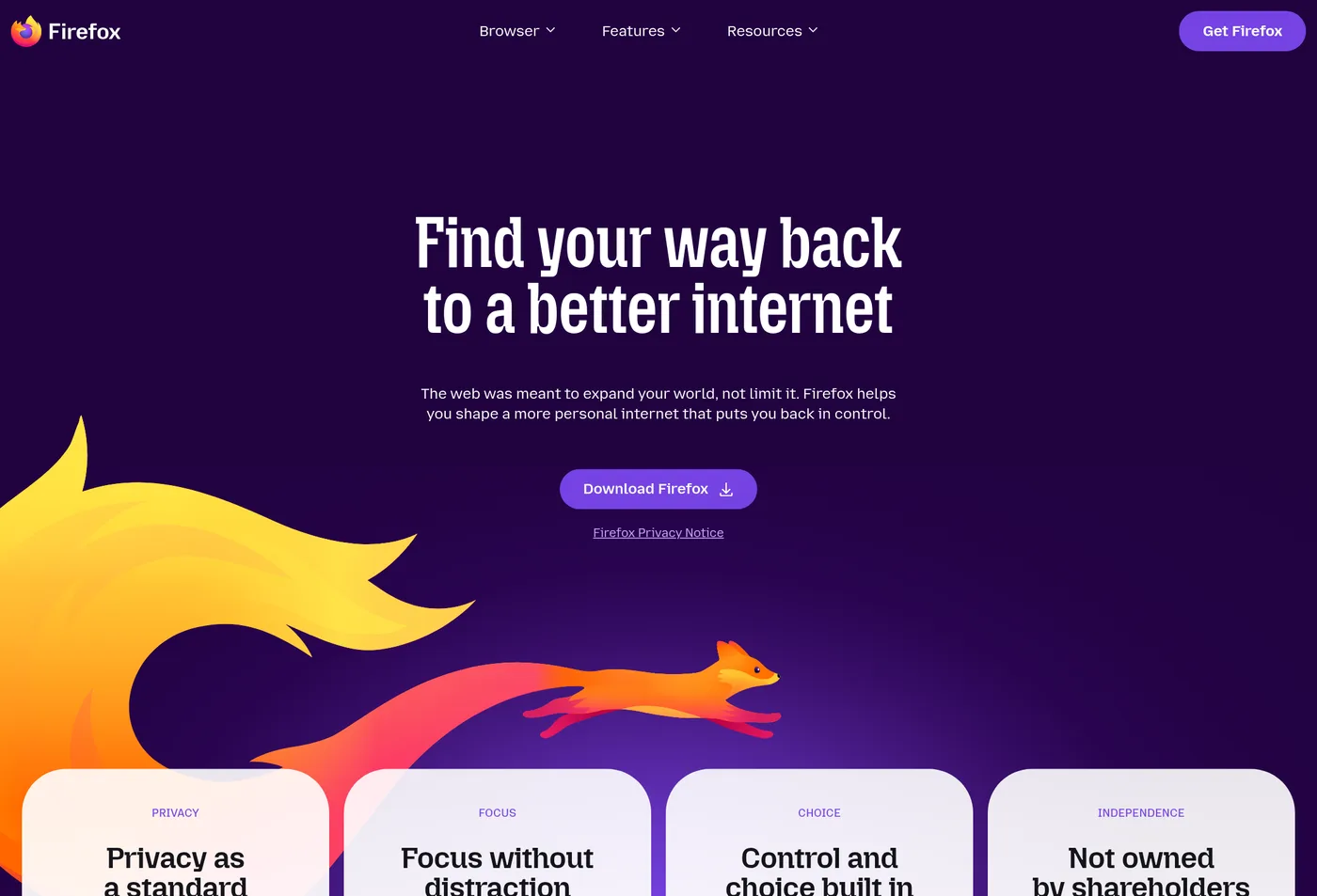 Firefox homepage showing the browser as a practical everyday alternative to more tracking-heavy defaults.