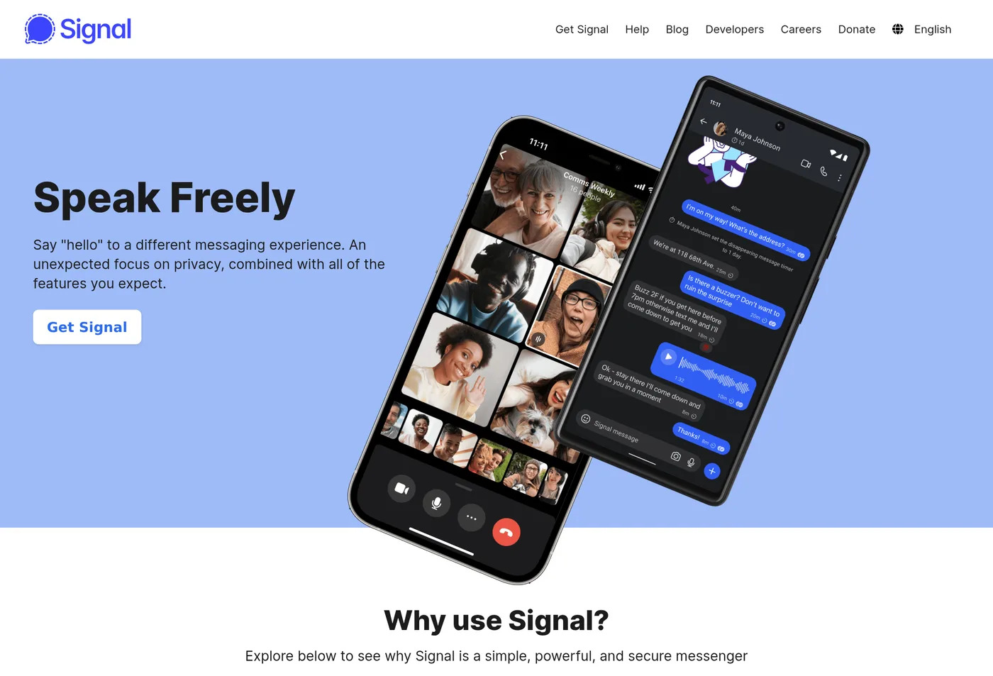 Signal homepage showing private messaging as the main value proposition.