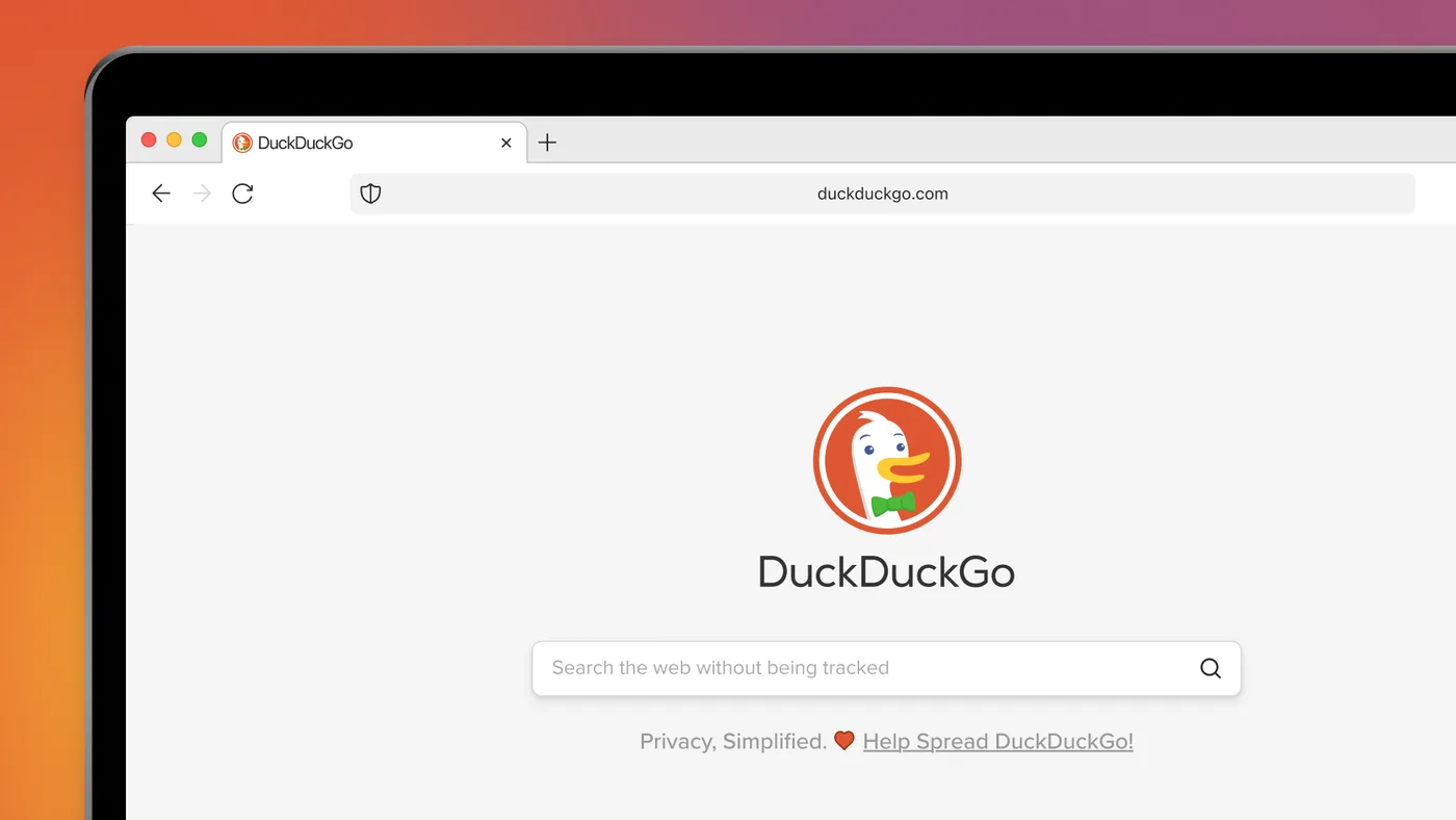 Official DuckDuckGo product image showing a familiar search homepage that can replace more data-hungry defaults.
