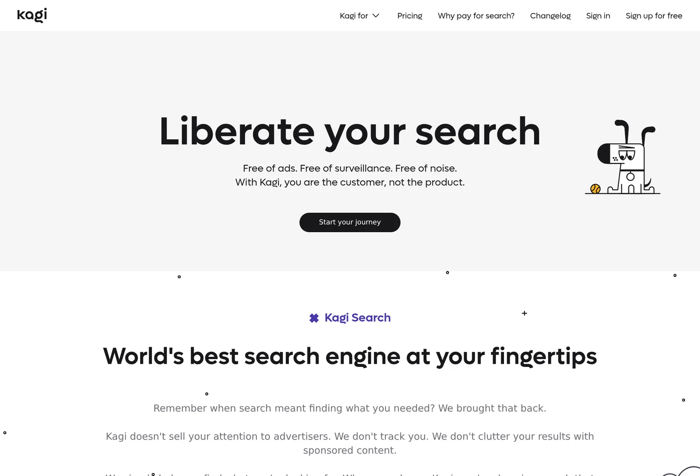 Kagi homepage presenting a paid, privacy-focused search product with a calmer and more premium positioning.