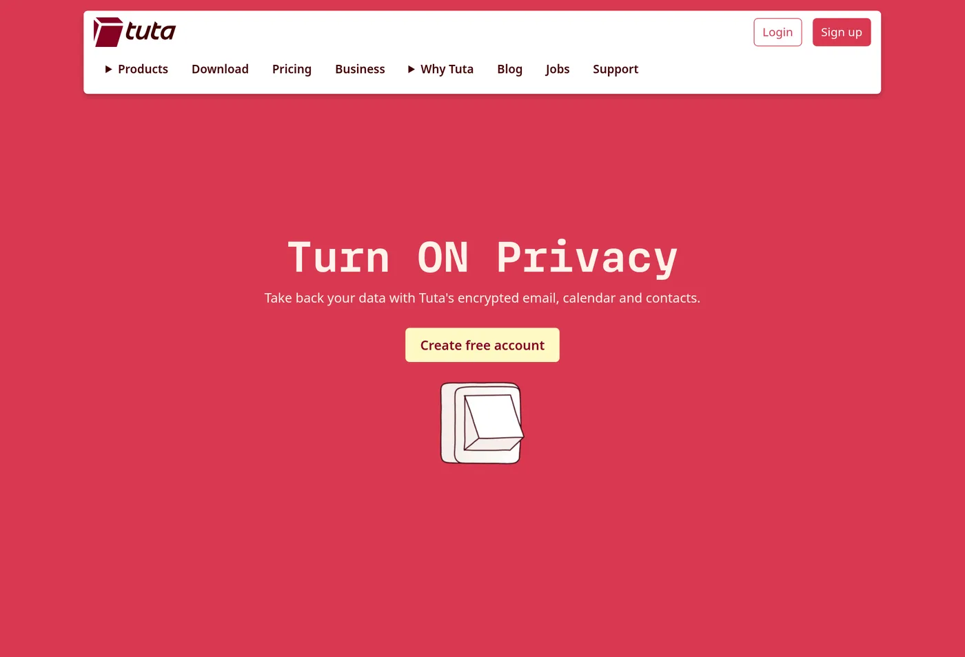 Tuta homepage showing a privacy-focused email service positioned as an alternative to mainstream providers.